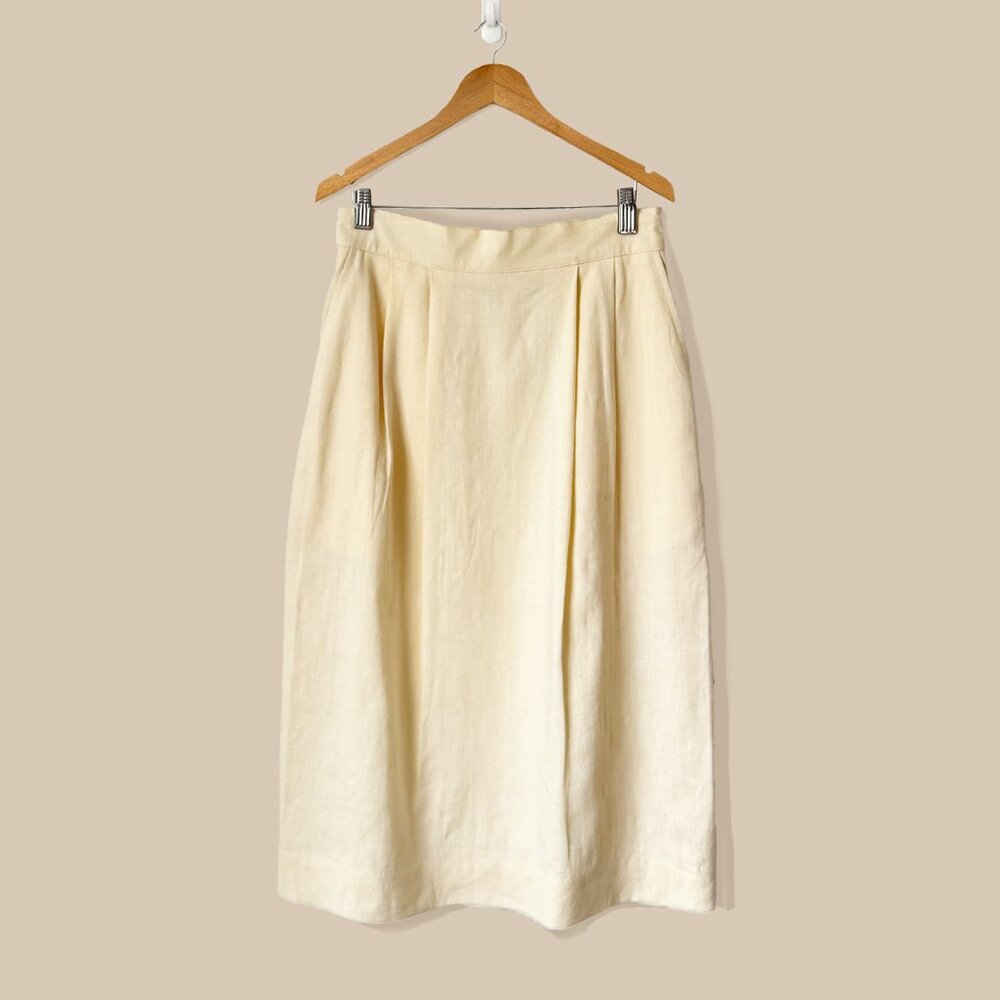 Vintage Linen Blend Pleated Midi Pencil Skirt (4)